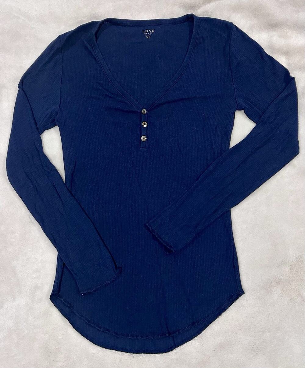 Love by Gap Blue Solid V-Neck Henley Button Knit Long Sleeve T-Shirt XS
